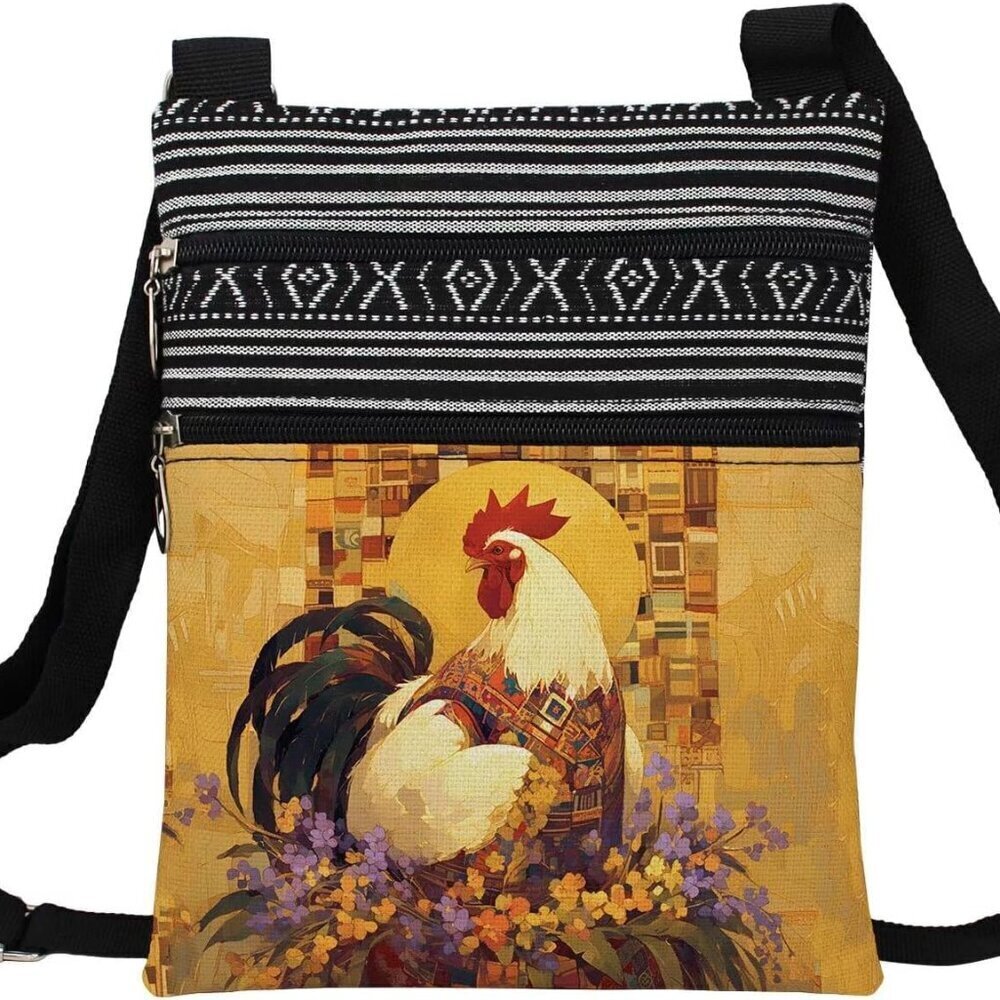 Floral Rooster Crossbody Bag Ethnic Pattern Adjustable Strap Zipper Small
